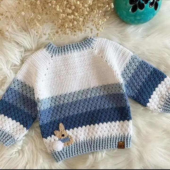 Handmade Crochet Baby Sweater – Cute Bunny Patch Striped Knit Pullover