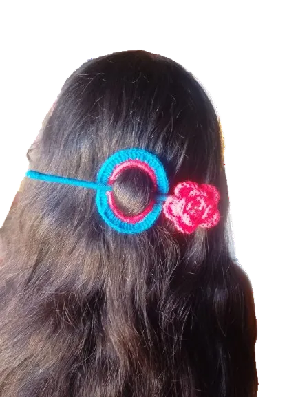 Handmade Crochet Flower Hairpin with Blue & Red Hoop - Unique Gift