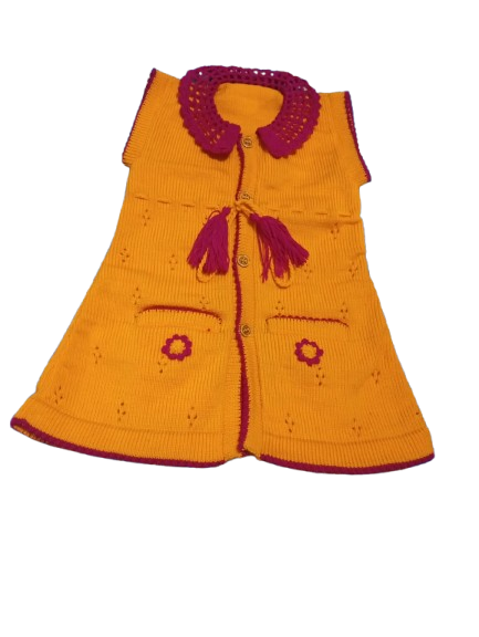 Charming Yellow Floral Machine-Knitted Open Front Jacket Frock for Baby Girls