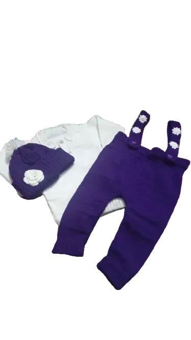 Cozy Knitted Baby Girl Dungaree & Sweater Set with Matching Beanie Hat