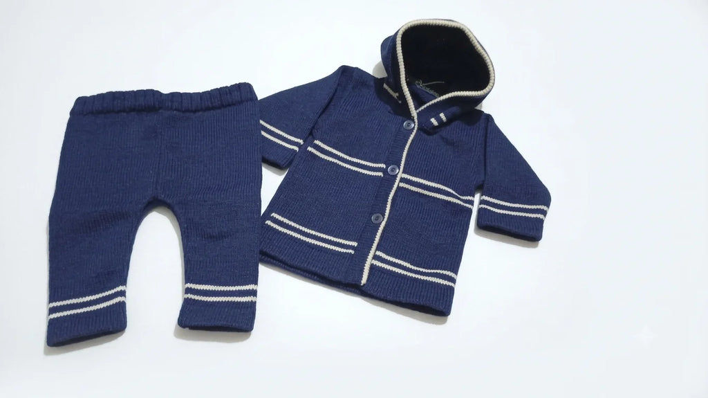 Premium Baby Winter Knit Set – Navy Blue Hooded Sweater & Trouser