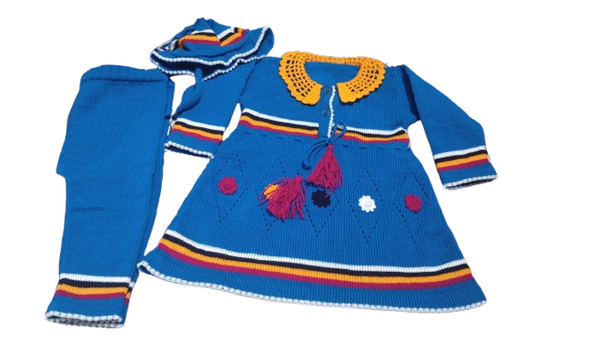 Cute Baby Girl Winter Knitted Frock Set with Trouser & Cap - Blue
